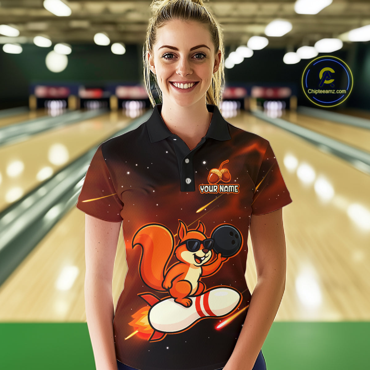 Orange & Black Funny Squirrel Bowling Shirt for Women Bowling League Jersey Polo & Quarter-Zip QZT879