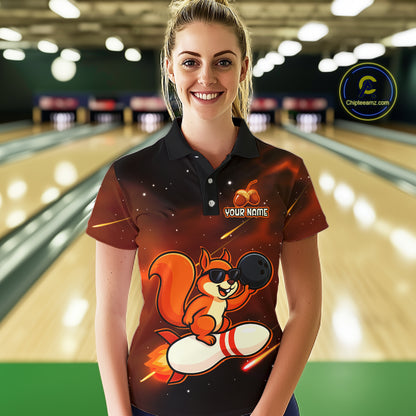 Orange & Black Funny Squirrel Bowling Shirt for Women Bowling League Jersey Polo & Quarter-Zip QZT879
