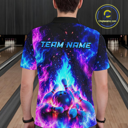 Person wearing a colorful bowling shirt with 'TEAM NAME' text in a bowling alley.