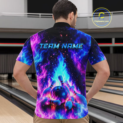 Person wearing a colorful bowling shirt with a bowling ball design in a bowling alley.