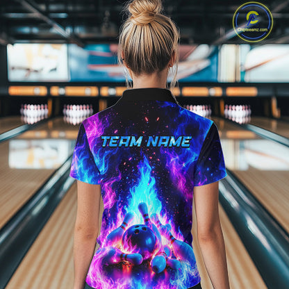 Person wearing a colorful bowling shirt with 'TEAM NAME' text in a bowling alley.