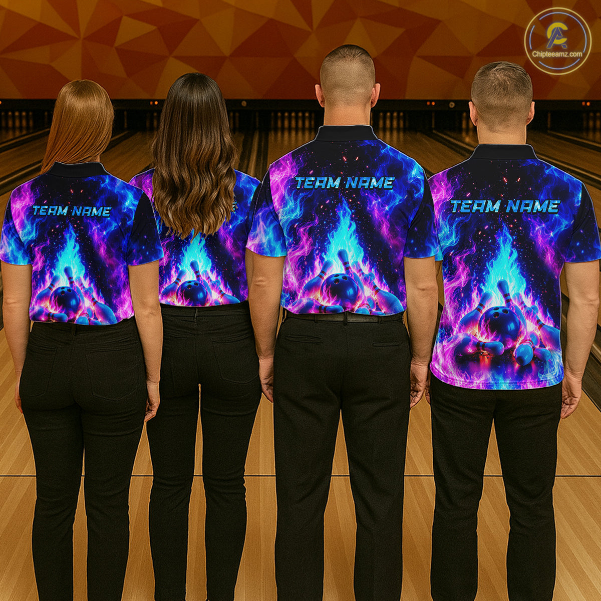 Four people wearing colorful bowling shirts with 'TEAM NAME' text at a bowling alley.