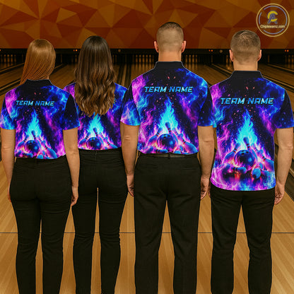 Four people wearing colorful bowling shirts with 'TEAM NAME' text at a bowling alley.