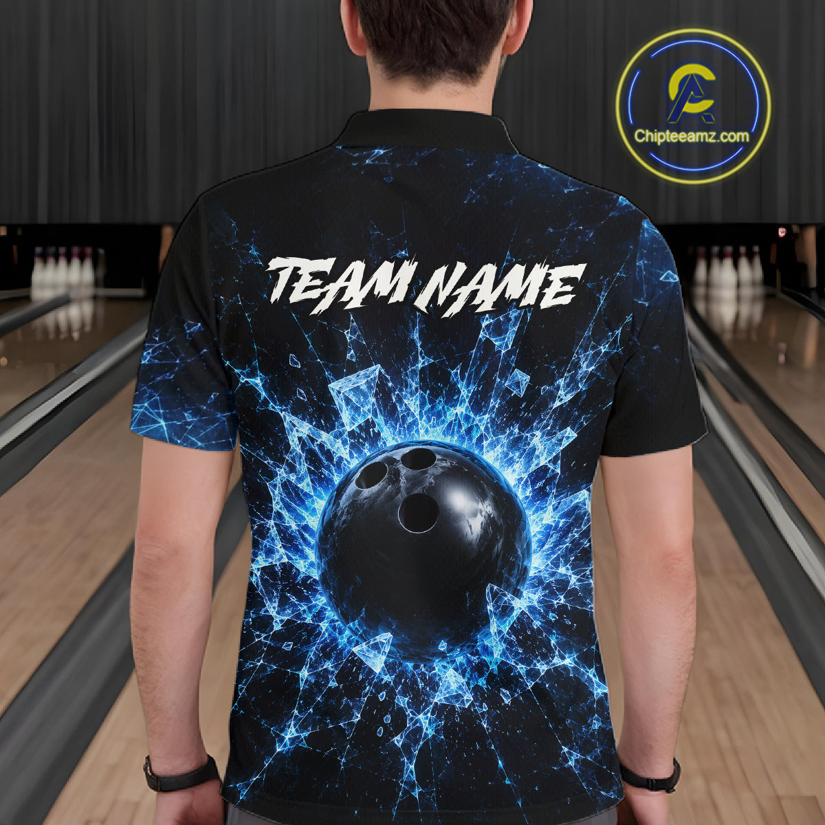 Person wearing a bowling-themed shirt with 'TEAM NAME' text in a bowling alley.