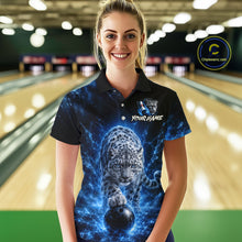 Load image into Gallery viewer, Woman wearing a bowling shirt with a leopard design in a bowling alley.
