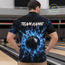 Load image into Gallery viewer, Person wearing a black bowling shirt with a blue and white design and 'TEAM NAME' text, standing in a bowling alley.