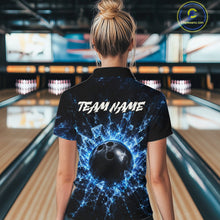 Load image into Gallery viewer, Person wearing a bowling shirt with a blue and black design and 'TEAM NAME' text in a bowling alley.