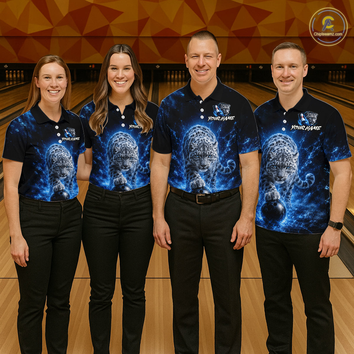 Four people wearing matching blue and black shirts with a logo on a bowling alley background