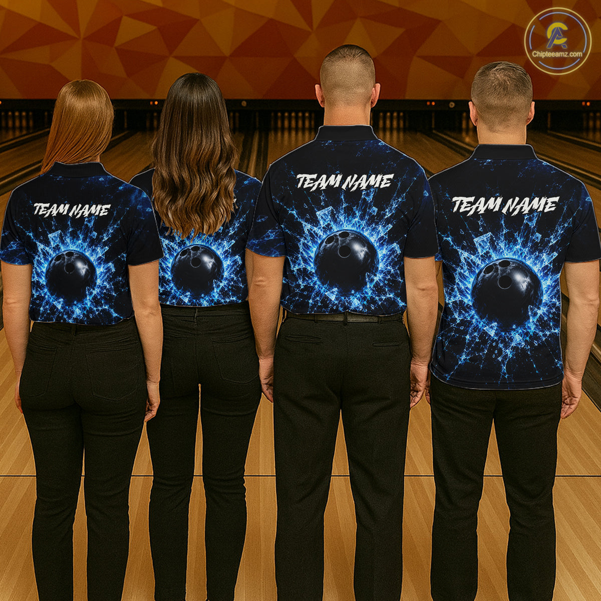 Four people wearing matching bowling shirts with 'TEAM NAME' text on a bowling alley.