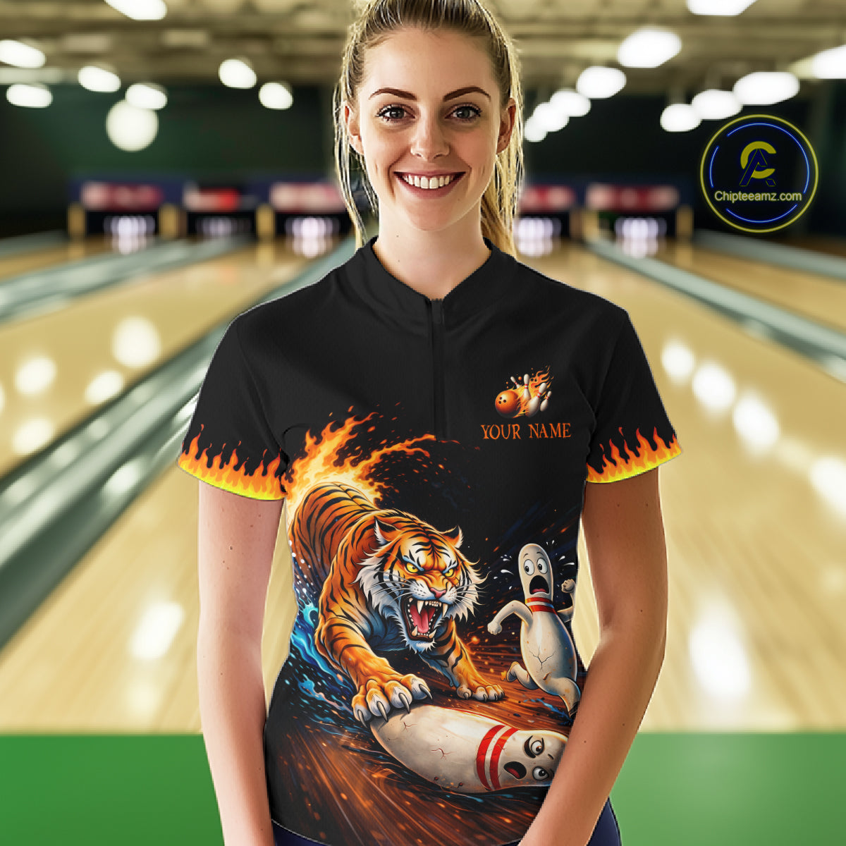 Personalized Tiger Bowling Shirt Orange Funny Bowling Team League Jersey for Women QZT832