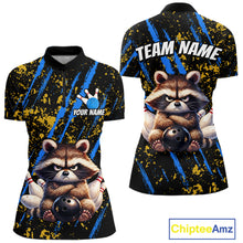 Load image into Gallery viewer, Custom Yellow &amp; Blue Funny Raccoon Bowling Team Shirt for Women Bowling Jersey League Polo &amp; 1/4-Zip QZT882