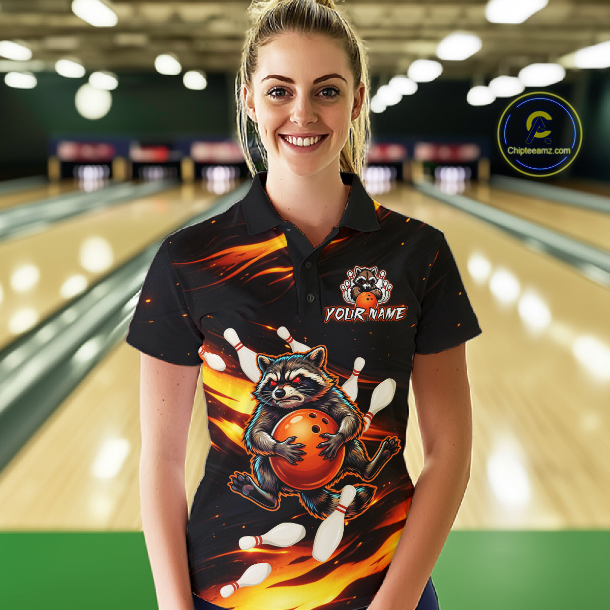Custom Orange Funny Raccoon Bowling Shirt for Women Bowling Jersey Polo & Quarter-Zip Bowling Outfit QZT969