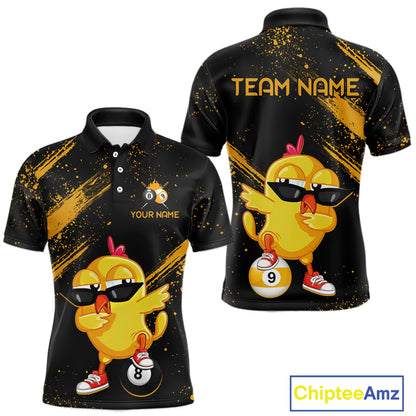Black polo shirt with cartoon chick design and customizable text on a white background