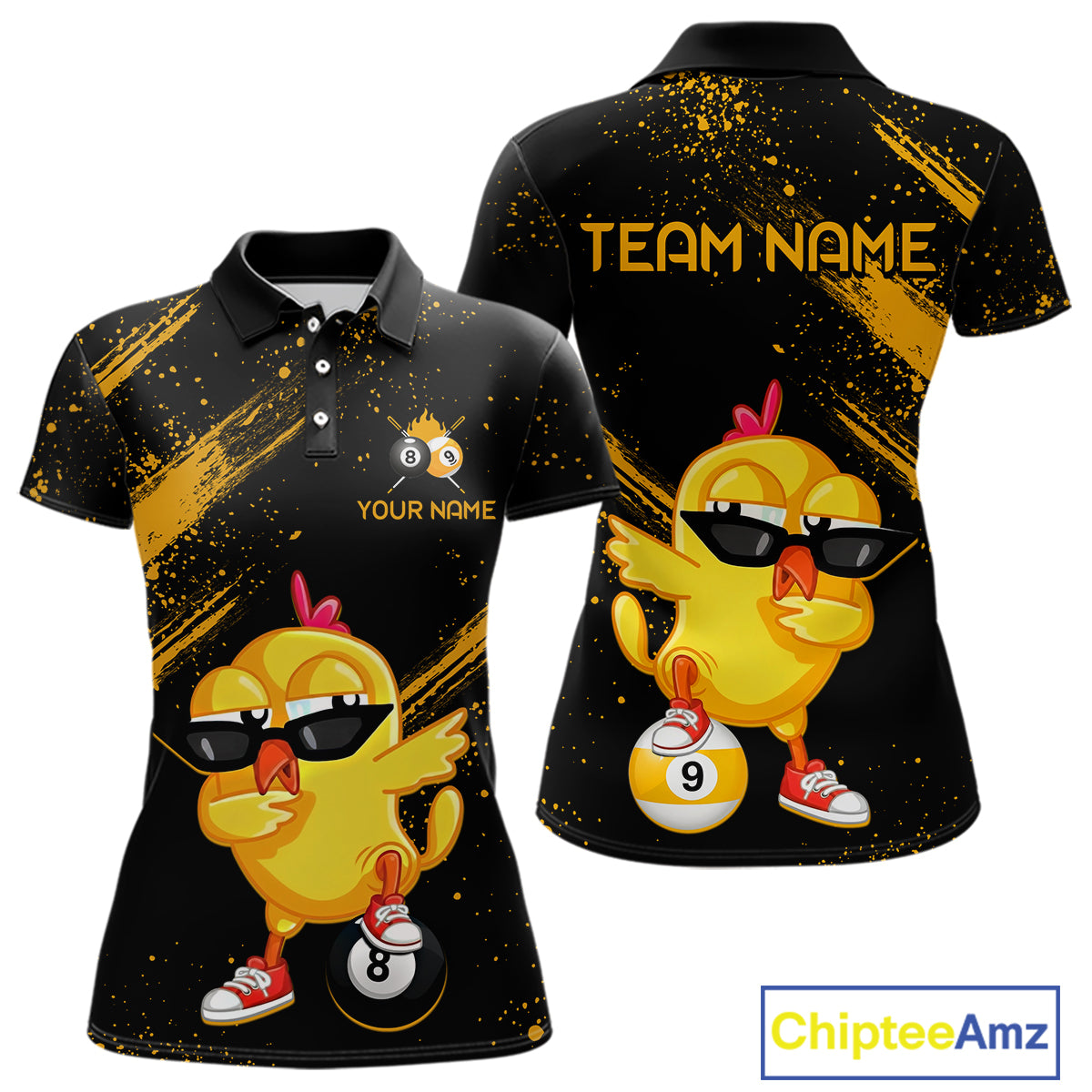 Black polo shirt with cartoon chicken design and customizable text on a white background