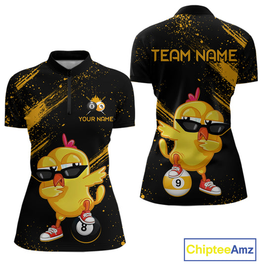 Black polo shirt with yellow chick design and customizable text on a white background