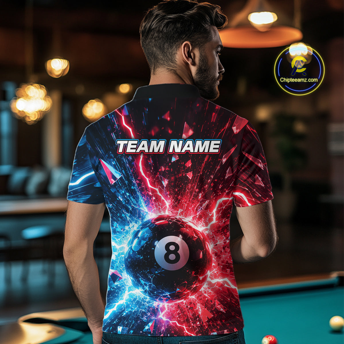 Person wearing a vibrant sports jersey with a pool ball design in a bar setting