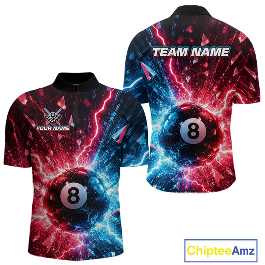 Two views of quarter-zip jerseys with 8-ball design and customizable text.