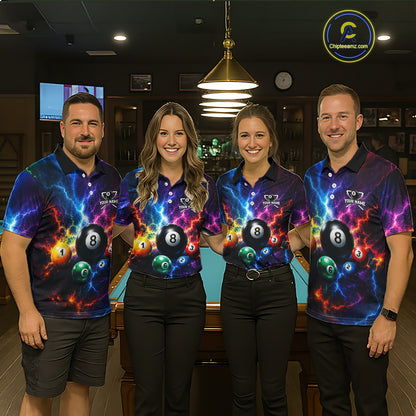 Four people wearing colorful billiard shirts with number 8 ball designs in a pool hall.