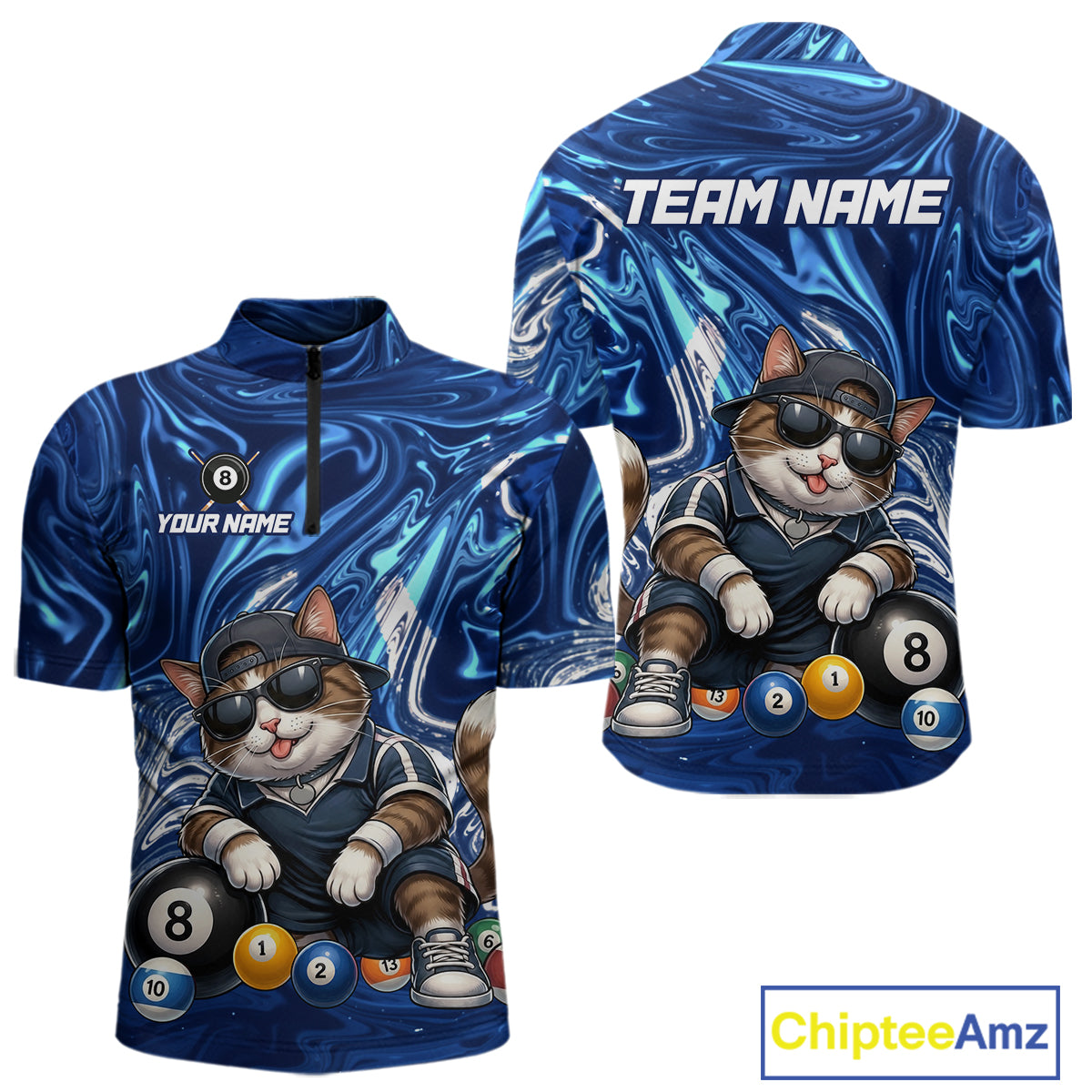 Blue sports jersey with a cat playing pool design, customizable text, and brand 'Chiptee Amz' visible.