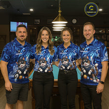 Load image into Gallery viewer, Four people wearing matching blue shirts with a cat design in a bar setting.