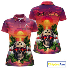 Load image into Gallery viewer, Polo shirt with skull design and sunset background, customizable with 'Your Name' and 'Team Name'.