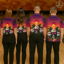 Load image into Gallery viewer, Four people wearing matching bowling shirts with a team name design on a bowling alley.