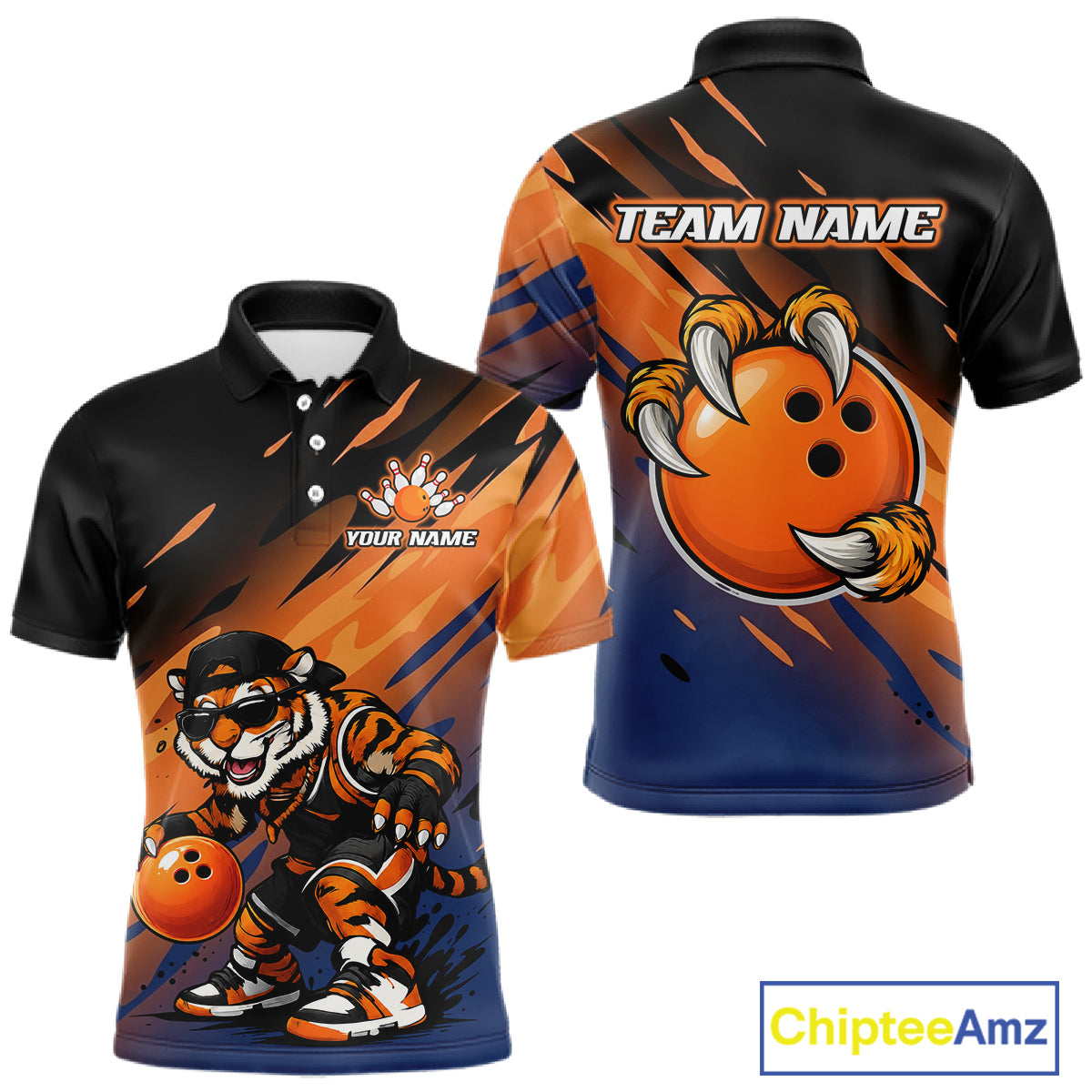 Custom short-sleeve polo shirt shown from the front and back, featuring a bold orange and black tiger-themed bowling graphic with a cartoon tiger and bowling ball. The front displays 'YOUR NAME' and the back displays 'TEAM NAME' for personalization.