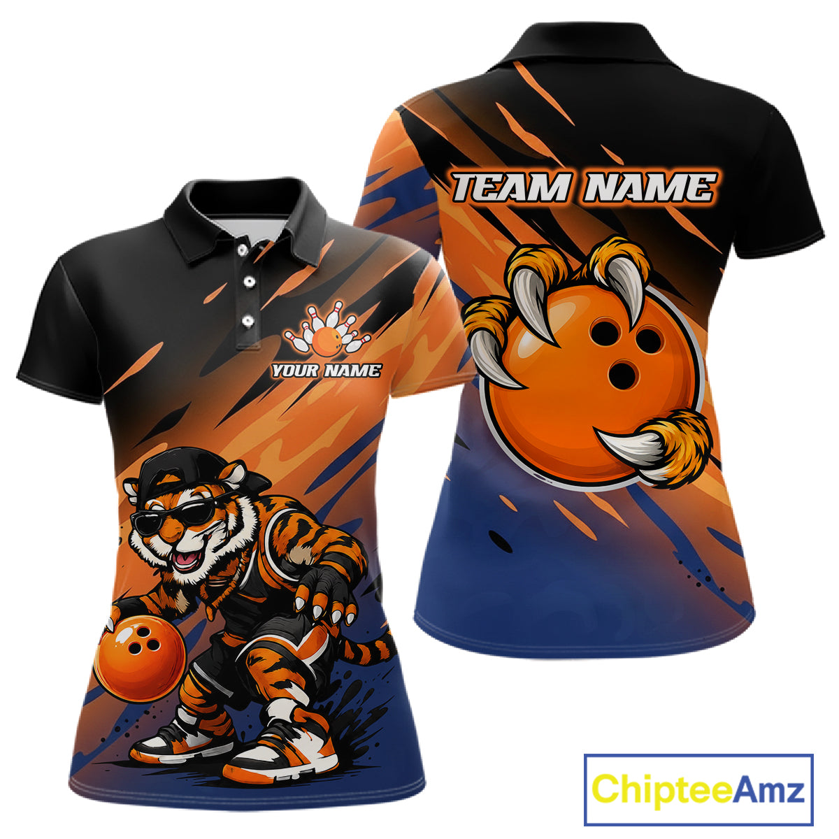 Front and back views of a custom bowling-themed polo shirt. The shirt features a black collar and upper chest, with a vibrant orange, black, and blue graphic print depicting a tiger mascot holding a bowling ball and a large bowling ball with claws on the back.