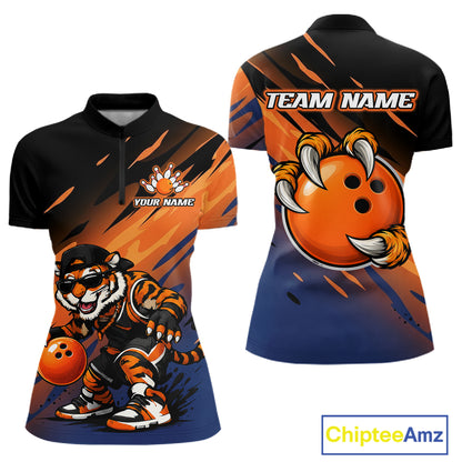 Front and back views of a short-sleeve polo shirt with a custom bowling-themed graphic. The shirt features a black collar and upper section, with a vibrant orange, black, and blue abstract background.