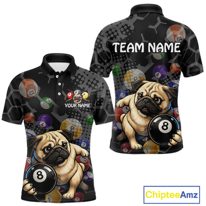 Polo shirt with pug dogs and pool balls design on a black background, featuring 'Chiptee Amz' branding.