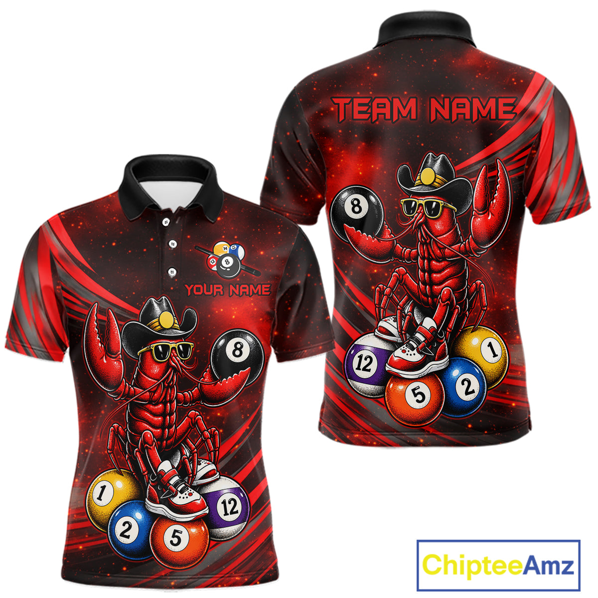 Polo shirt with lobster design and pool balls on a red and black background, featuring 'Chiptee Amz' branding.