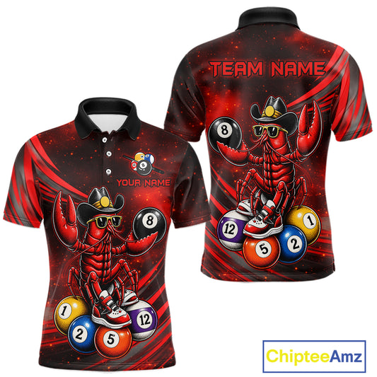 Polo shirt with lobster design and pool balls on a red and black background, featuring 'Chiptee Amz' branding.