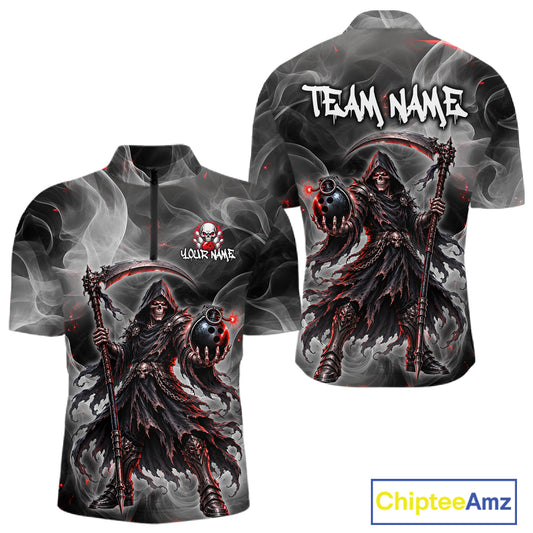 A short-sleeve quarter-zip shirt shown from both front and back on a white background. The shirt features a dark gothic graphic of a hooded grim reaper holding a scythe, with red glowing accents and smoke effects.