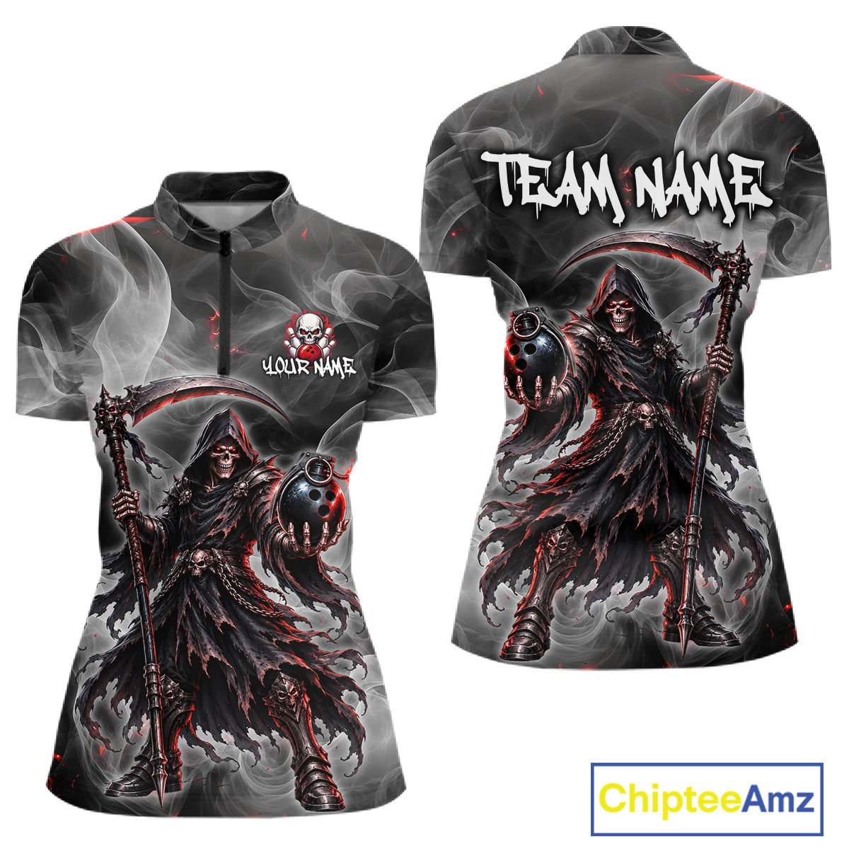 Front and back views of a short-sleeve half-zip pullover shirt featuring a dark grim reaper graphic in black, gray, and red, with placeholder text 'YOUR NAME' and 'TEAM NAME' on the chest and back. A ChipteeAmz logo is visible in the bottom right corner.