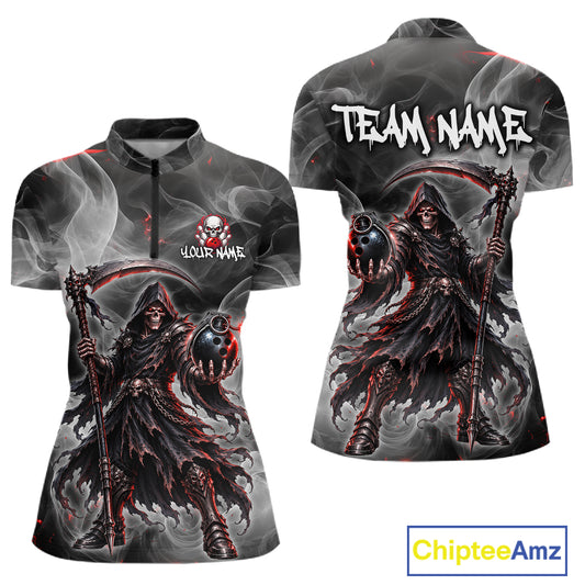 Front and back views of a short-sleeve half-zip pullover shirt featuring a dark grim reaper graphic in black, gray, and red, with placeholder text 'YOUR NAME' and 'TEAM NAME' on the chest and back. A ChipteeAmz logo is visible in the bottom right corner.