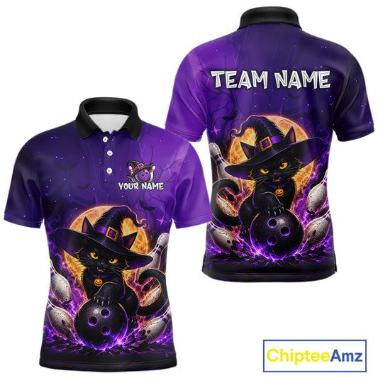 Front and back views of a purple short-sleeve polo shirt with a Halloween-themed graphic of a black cat in a witch hat holding bowling balls, with customizable text placeholders 'TEAM NAME' and 'YOUR NAME'.