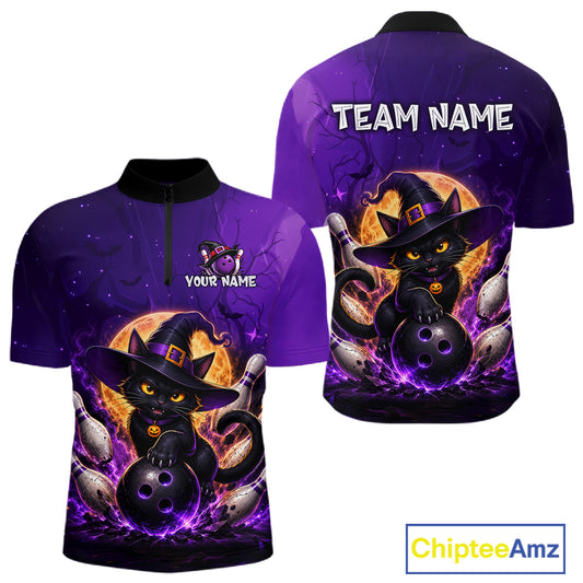 A purple short-sleeve quarter-zip  jersey shown from both front and back, featuring a cartoon black cat dressed as a witch holding bowling balls, with customizable text areas reading 'YOUR NAME' and 'TEAM NAME'.