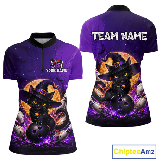 Front and back views of a purple short-sleeve polo shirt with a black collar, featuring a cartoon black cat in a witch hat holding bowling balls, with customizable text areas on the chest and back reading TEAM NAME and YOUR NAME. A ChipteeAmz logo is visible in the bottom right corner.