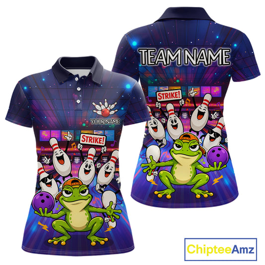 Custom Funny Frog Bowling Shirt for Women Polo & Quarter-Zip Bowling Team Jersey League QZT1006