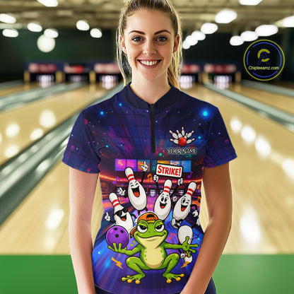 Custom Funny Frog Bowling Shirt for Women Polo & Quarter-Zip Bowling Team Jersey League QZT1006