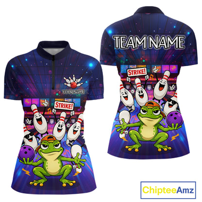 Custom Funny Frog Bowling Shirt for Women Polo & Quarter-Zip Bowling Team Jersey League QZT1006