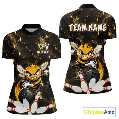 Custom Black & Gold Funny Bee Bowling Shirt for Women Polo & 1/4-Zip Bowling Team Jersey QZT1007
