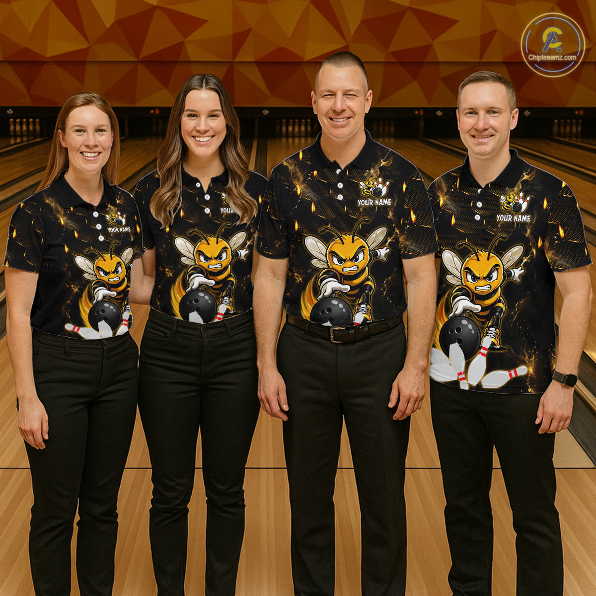 Custom Black & Gold Funny Bee Bowling Shirt for Men Polo & 1/4-Zip Bowling Team Jersey QZT1007