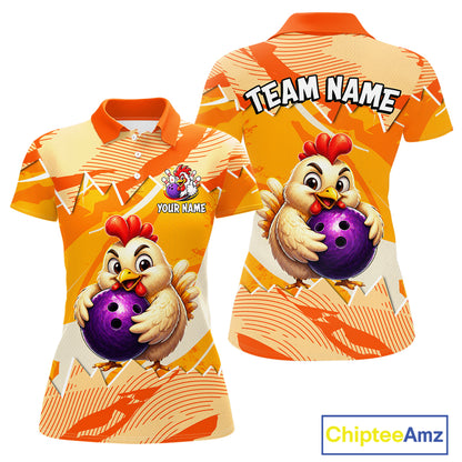Custom Orange Funny Chicken Bowling Shirt for Women Bowling Team Jersey Polo & 1/4-Zip QZT1009