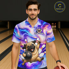 Load image into Gallery viewer, Person wearing a colorful bowling-themed shirt with a pug design in a bowling alley.