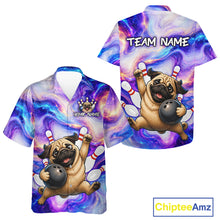 Load image into Gallery viewer, Colorful shirt with a pug holding a bowling ball and lane markers, featuring 'Team Name' and 'Your Name' text on a white background.