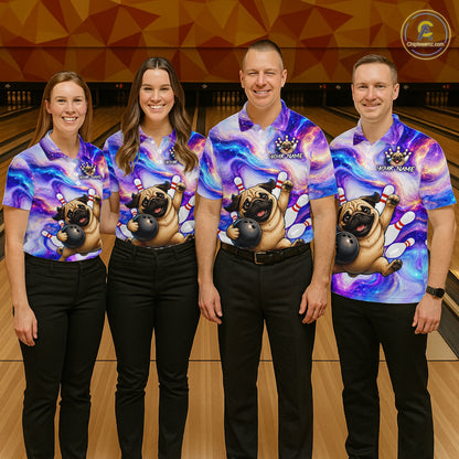 Four people wearing matching colorful shirts with pug graphics on a bowling alley.