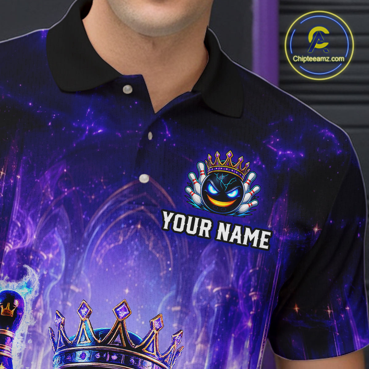 Person wearing a purple polo shirt with a logo and 'Your Name' text, brand logo in the corner.