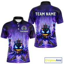 Load image into Gallery viewer, Purple and black polo shirt with a cartoon character and customizable text on a white background