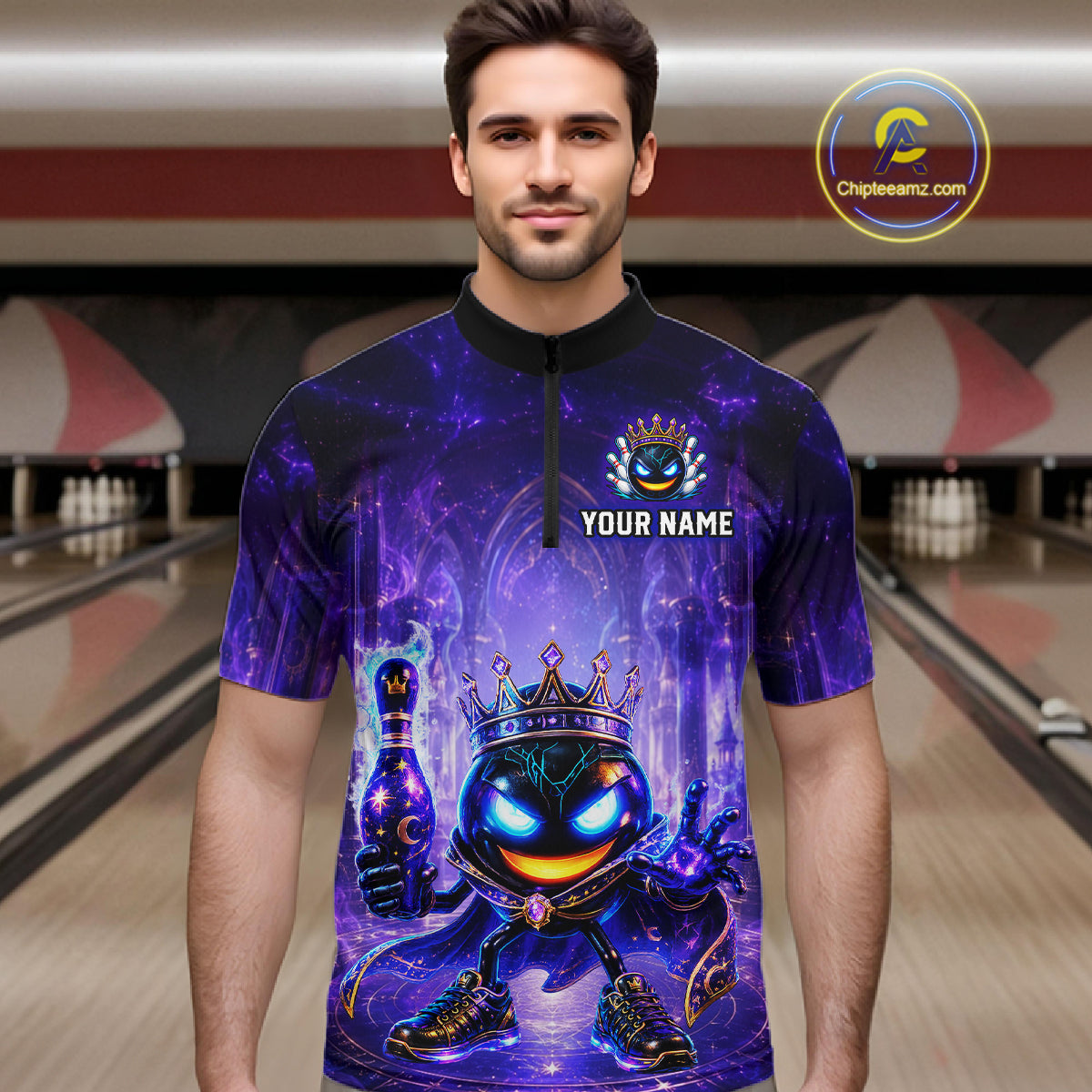 Man wearing a custom bowling shirt with a colorful design in a bowling alley.
